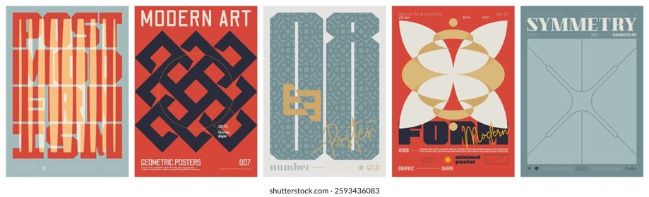 Set modernism art colorful trendy posters, artwork in minimalism and brutalism style, abstract geometric A4 rave postmodern composition, vector simple shapes print graphic in Y2K aesthetics, set 17