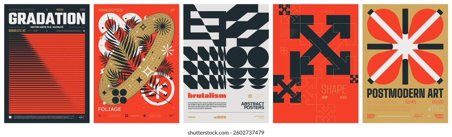 Set modernism art colorful trendy posters, artwork in minimalism and brutalism style, abstract geometric A4 rave postmodern composition, vector simple shapes print graphic in Y2K aesthetics, set 24