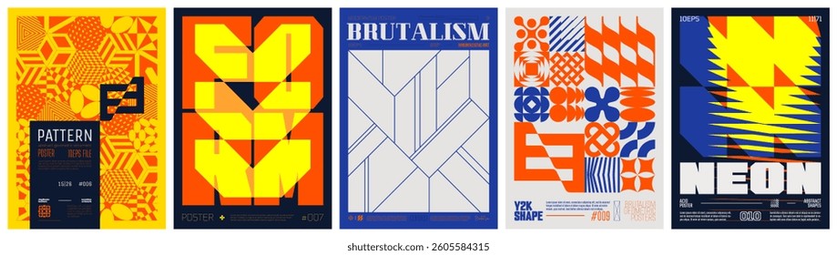 Set modernism art colorful trendy posters, artwork in minimalism and brutalism style, abstract geometric A4 rave postmodern composition, vector simple shapes print graphic in Y2K aesthetics, set 25
