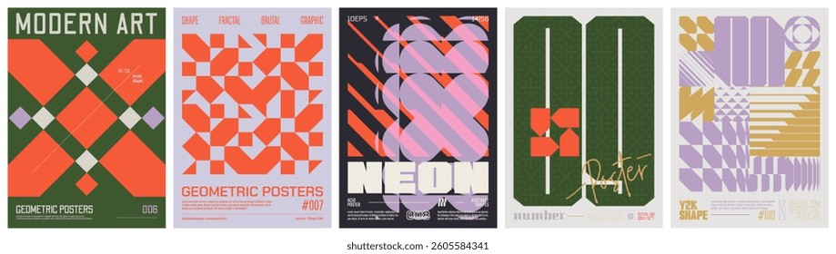 Set modernism art colorful trendy posters, artwork in minimalism and brutalism style, abstract geometric A4 rave postmodern composition, vector simple shapes print graphic in Y2K aesthetics, set 27