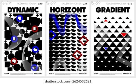 Set modernism art trendy posters, artwork in minimalism and brutalism style, abstract geometric postmodern composition, vector simple shapes print graphic in Y2K aesthetics