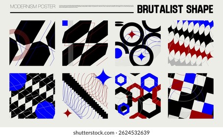 Set modernism art trendy posters, artwork in minimalism and brutalism style, abstract geometric postmodern composition, vector simple shapes print graphic in Y2K aesthetics