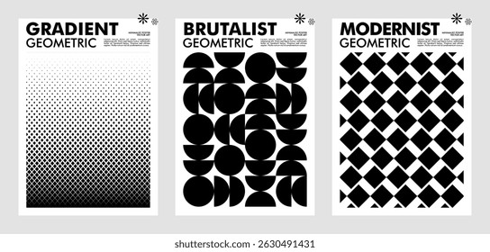 Set modernism art trendy posters, artwork in minimalism and brutalism style, abstract geometric postmodern composition, vector simple shapes print graphic in Y2K aesthetics