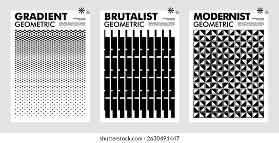 Set modernism art trendy posters, artwork in minimalism and brutalism style, abstract geometric postmodern composition, vector simple shapes print graphic in Y2K aesthetics
