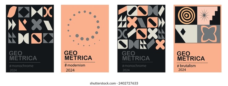 Set of modernist abstract geometric posters in fashionable Color 2024 Peach Fuzz with trendy minimalist isolated shapes. Swiss style and brutalism, for posters, covers, prints, banners, layouts.