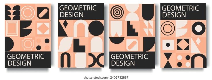 Set of modernist abstract geometric posters in fashionable Color 2024 Peach Fuzz with trendy minimalist isolated shapes. Swiss style and brutalism, for posters, covers, prints, banners, layouts.