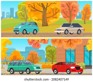 Set of modes of transport and machine shapes. Cars of different types with tinted glass in background of landscape of nature or city. Crossover, hatchback, pickup vehicle is riding in autumn park