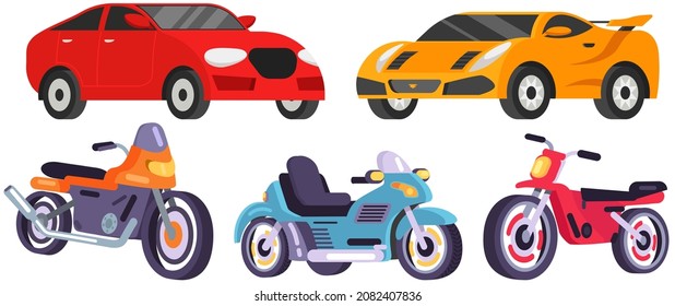Reihe von Verkehrsträgern und Maschinenformen. Verkehr einzeln auf weißem Hintergrund. Crossover, Luke, Cabriolet, Motorrad, Motorrad. Fahrzeuge verschiedener Typen ohne Fahrer