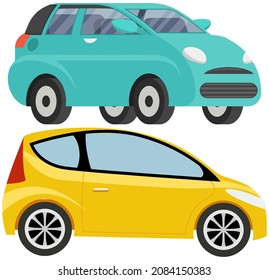 Set of modes of transport and machine shapes. Cars of different types with tinted glass in background of landscape of nature or city. Crossover, hatchback, vehicle is riding in autumn park