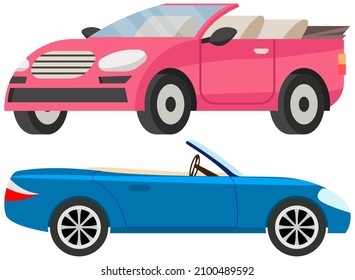 Set of modes of transport and machine shapes. Cars of different types with tinted glass in background of landscape of nature or city. Crossover, hatchback, vehicle is riding in autumn park
