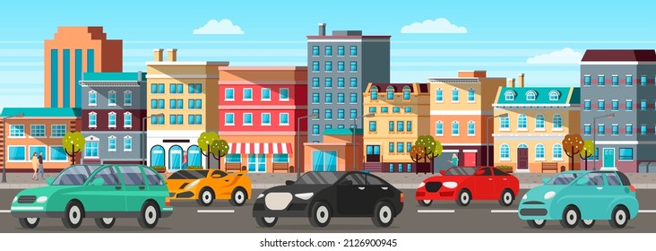 Set of modes of transport and machine shapes. Cars of different types with tinted glass in background of landscape of nature or city. Crossover, hatchback, pickup vehicle is riding in autumn park