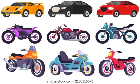 Conjunto de modos de transporte y formas de máquina. Transporte aislado de fondo blanco. Transmisión, incubación, cabriolet, motocicleta, motocicleta. Coches de diferentes tipos sin conductor