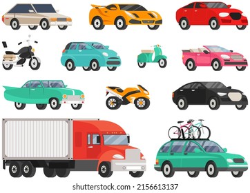 Set of modes of transport and machine shapes. Transport isolated on white background. Crossover, hatchback, pickup, cabriolet vehicle, motorbike, motorcycle. Cars of different types without drivers