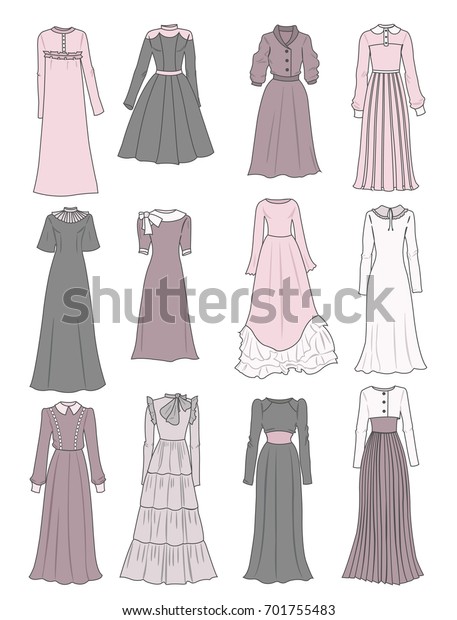 Set\
of modest long dresses isolated on white\
background