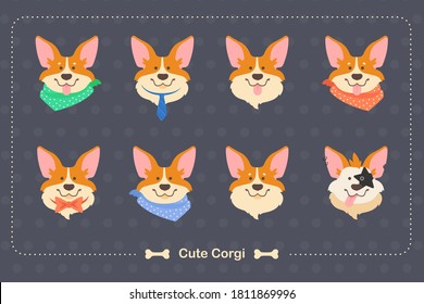 Set of mods corgi pembroke. Dogs dressed up in scarves, tie, bow tie. Rock musician dog. Cute dog faces.
