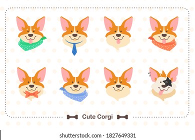 Conjunto de mods corgi pembroke. Perros vestidos con bufandas, corbata, corbata de arco. Perro músico de rock. Caras de perro.
