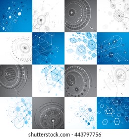 Set of modular Bauhaus 3d vector backdrops, created from geometric figures like hexagons, circles and lines. For use as advertising poster or banner design. Perspective abstract mechanical schemes.