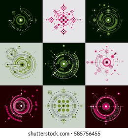 Set of modular Bauhaus vector backdrops, created from geometric figures like circles and lines. Best for use as advertising poster or banner design. Abstract mechanical schemes.