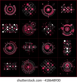 Set of modular Bauhaus vector backgrounds, created from geometric figures like circles and lines. Best for use as advertising poster or banner design. Collection of abstract mechanical schemes.