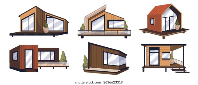 Set of modular building or mobile house. Vector smart construction and prefabricated home property. Accommodation modularity or eco living apartment. Architecture exterior. Housing efficiency.