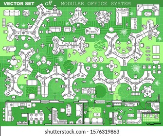 Set Of Modular Office Desks, Interior Layout Of The Cabinet. Floor Plan, Top View, Collection Of Sofas, Working Tables, Chairs, Office Furniture Thin Line Icons For Planning Design Project. Vector