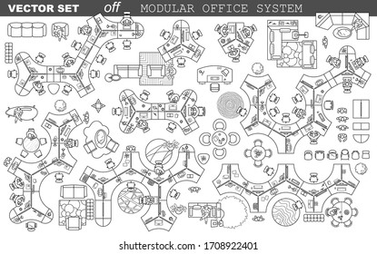 Set Of Modular Office Desks, Interior Layout Of The Cabinet. Floor Plan, Top View, Collection Of Sofas, Working Tables, Chairs, Office Furniture Thin Line Icons For Planning Design Project. Vector