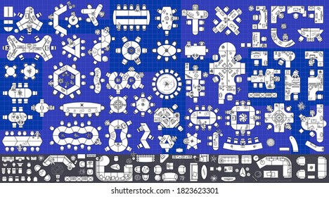 Set Of Modular Office Desks, Interior Layout Of The Cabinet. Floor Plan, Top View, Collection Of Working Tables, Chairs, Office Furniture Thin Line Icons For Planning Design Project. Vector