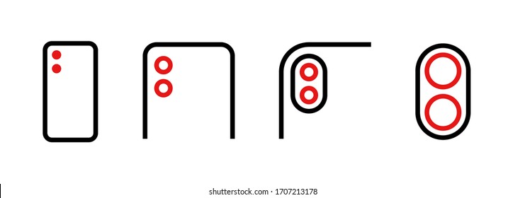 Set of module dual camera different scale icons. Editable line vector. Stylized gadget with a dual red digital camera, zoom, vario, close-up lens. Group pictogram.