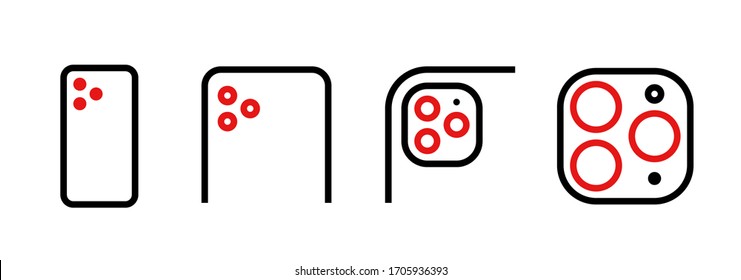 Set of module triple camera of different scale icons. Editable line vector. Symbol device with a triple red lens module for zoom, vario, macro shooting, close-up. Group pictogram.