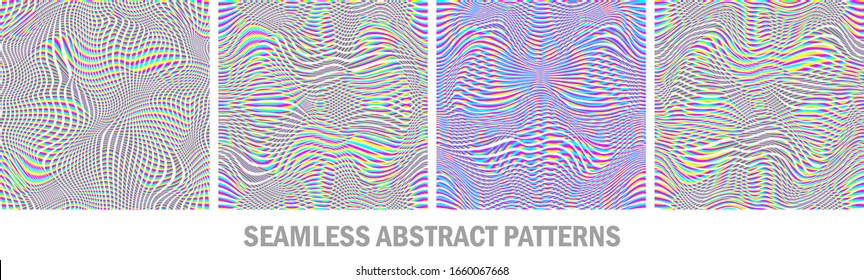 Set of moire seamless vector patterns. Collection of multicolor wavy lines optical illusion abstract backgrounds. Distorted lines wallpaper.