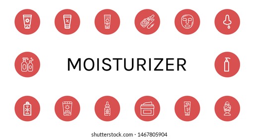 Set of moisturizer icons such as Sunscreen, Sun lotion, Serum, Facial mask, Nose bleeding, Moisturizing, Shampoo, Gel , moisturizer