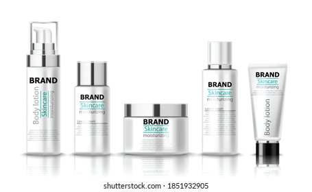 Set of moisturizing body lotion for skincare. Place for text. Realistic 3D mockup product placement. Vector