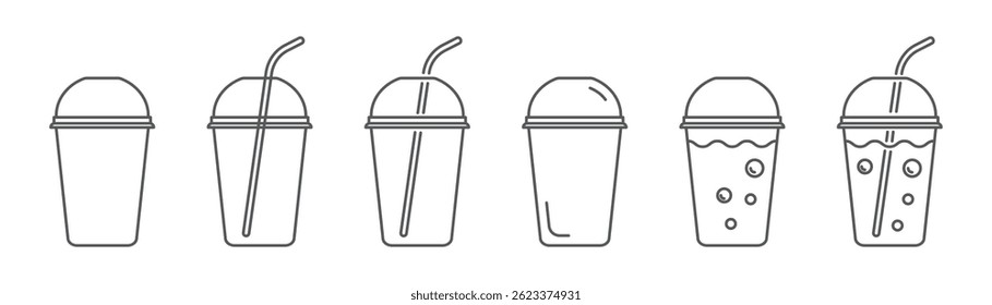 Set of mojito, lemonade, mineral water, cocktail or ice latte glass linear icons isolated on transparent background. Plastic glass with straw line icon. Plastic glass with bubbles. Editable stroke.