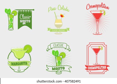 Set of mojito, margarita, pina colada and cosmopolitan cocktails logos, labels and bages