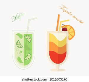 A set of mojito and tequila sunrise cocktails, a vector image of a party, holiday, summer, vacation, beach. Refreshing alcoholic beverages