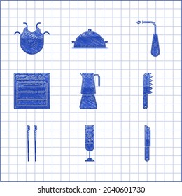 Set Moka pot, Blender, Knife, Bread knife, Food chopsticks, Oven, Long electric lighter and Kitchen apron icon. Vector