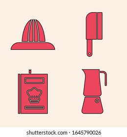 Coloque la olla de Moka, el jugo de frutas de Citrus, el helicóptero de carne y el icono de Cookbook. Vector