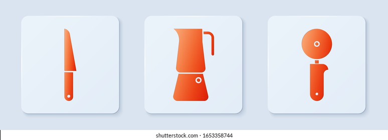 Set Moka pot, Knife and Pizza knife. White square button. Vector