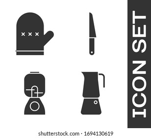 Set Moka pot, Oven glove, Blender and Knife icon. Vector