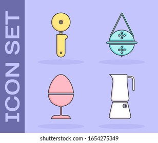 Set Moka pot, Pizza knife, Chicken egg on a stand and Ball tea strainer icon. Vector