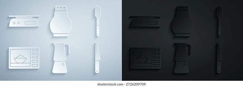 Set Moka Topf, Löffel, Mikrowellenofen, Messer, Salz und Pfeffer und elektronische Waage Symbol. Vektorgrafik