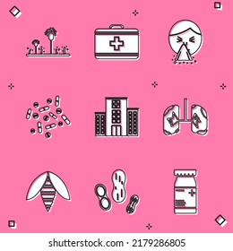 Set Mold, First aid kit, Handkerchief to his runny nose, Medicine pill or tablet, Medical hospital building, Lungs, Bee and Peanut icon. Vector