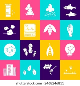 Set Mold, Handkerchief to his runny nose, with psoriasis or eczema, Runny, Monitor cardiogram, Dust, Medicine bottle pills and Bee icon. Vector