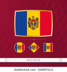 Conjunto de banderas de Moldavia con marco dorado para uso en eventos deportivos en un fondo burdeos y abstracto. Colección vectorial de banderas.