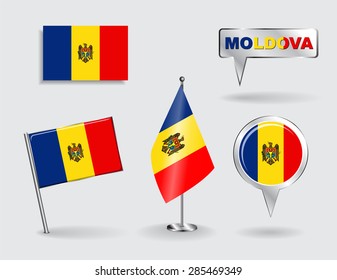 Set of Moldovan pin, icon and map pointer flags. Vector illustration.