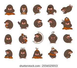 Set of mole animal characters showcasing emotions, accessories including hats, gift, and tool in adorable kawaii cartoon style for versatile graphic outline clipart illustrations