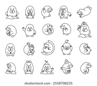 Set of mole animal characters showcasing emotions, accessories including hats, gift, and tool in adorable kawaii cartoon style for versatile graphic outline clipart illustrations