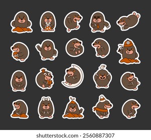 Set of mole animal characters showcasing emotions, accessories including hats, gift, and tool in adorable kawaii cartoon style for versatile graphic outline clipart illustrations