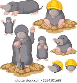 Set of mole cartoon character with head and facial expression illustration