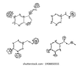 Set of molecular formula with flowers. Collection of happiness moleculesserotonin, dopamine, and caffeine. Mental health. Vector illustration isolated on white background. Design for printing.